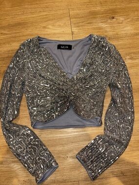 fab'rik Silver Sequin Twist-Front Crop Top